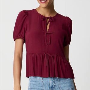 J.Crew NWT Short Puff Sleeve Burgandy Bow Front Blouse Size 12